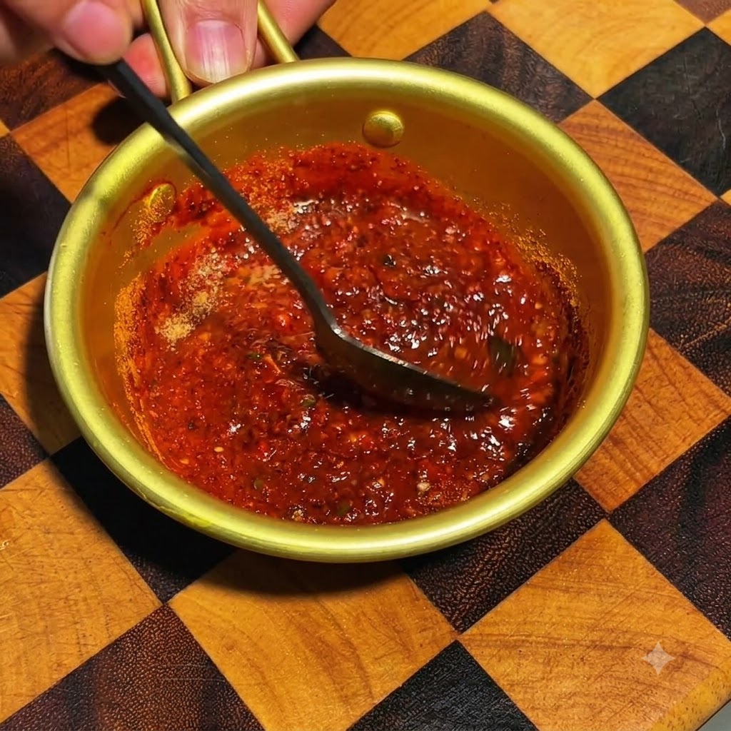 Una cuchara oscura mezclando una salsa mala espesa y roja dentro de un tazón de metal dorado.