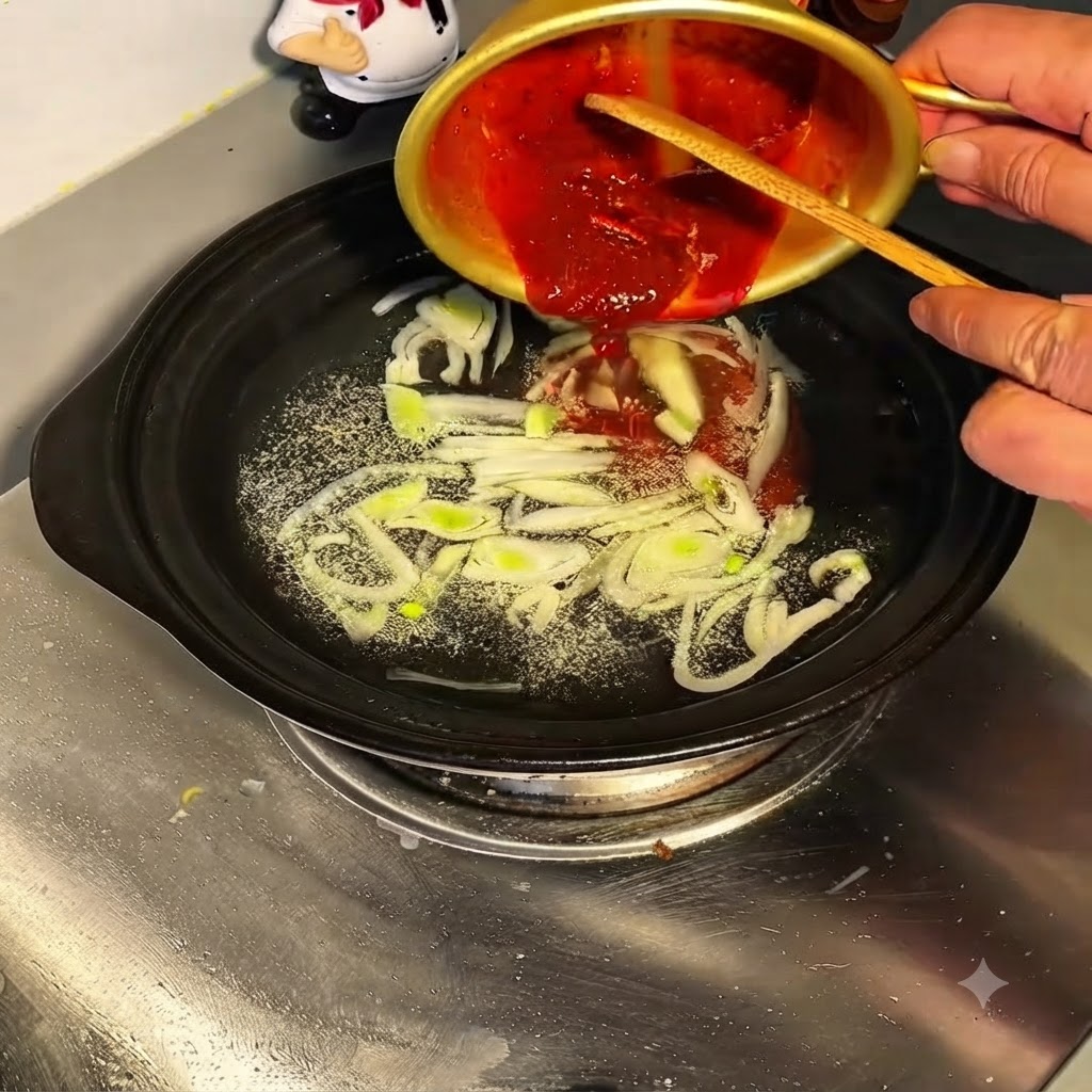 Mezcla de salsa roja siendo vertida desde un tazón dorado en la olla con agua hirviendo y cebollas de verdeo.