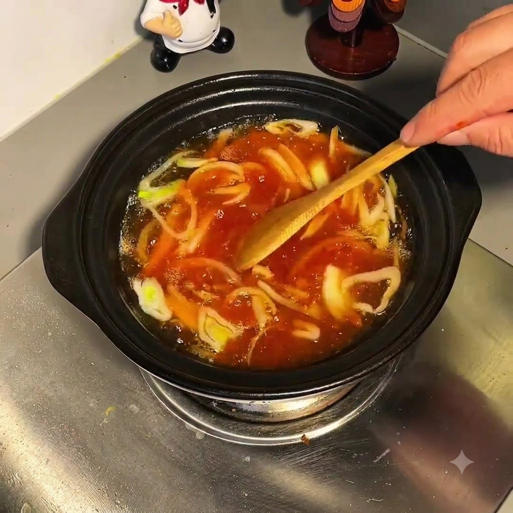 Un utensilio de madera removiendo la mezcla de caldo hirviendo con cebollas de verdeo y salsa disuelta.