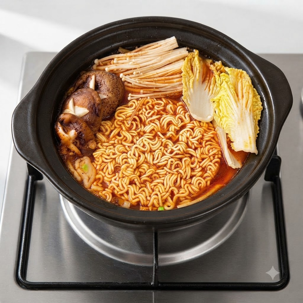 Una olla llena de fideos de ramen, hongos enoki, hongos shiitake y col china hirviendo a fuego lento en un caldo rojo.