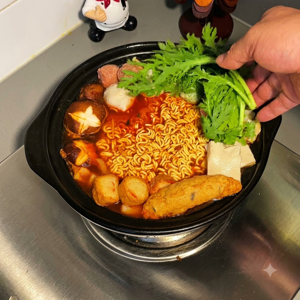 Verduras de hoja verde frescas agregadas a mano en el estofado de fideos rojo hirviendo en una olla negra.