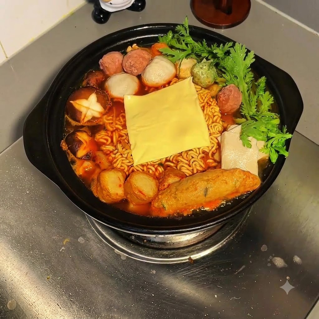 Una rodaja de queso amarillo centrada encima del estofado de fideos burbujeante lleno de albóndigas de pescado, hongos y verduras.