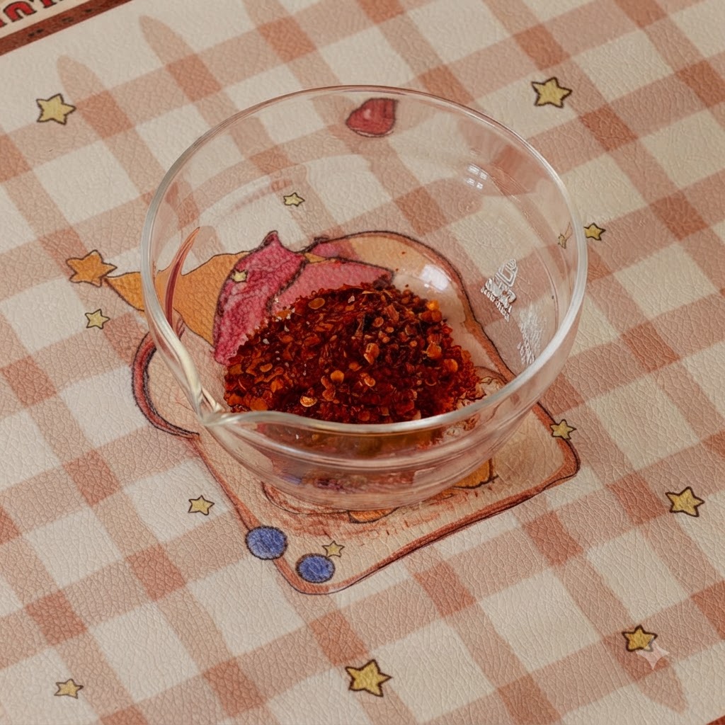 Pasta de ají coreana, chile en polvo, azúcar, aceite de sésamo, salsa de ostra y salsa de soja mezclándose con agua en un bol de cristal.