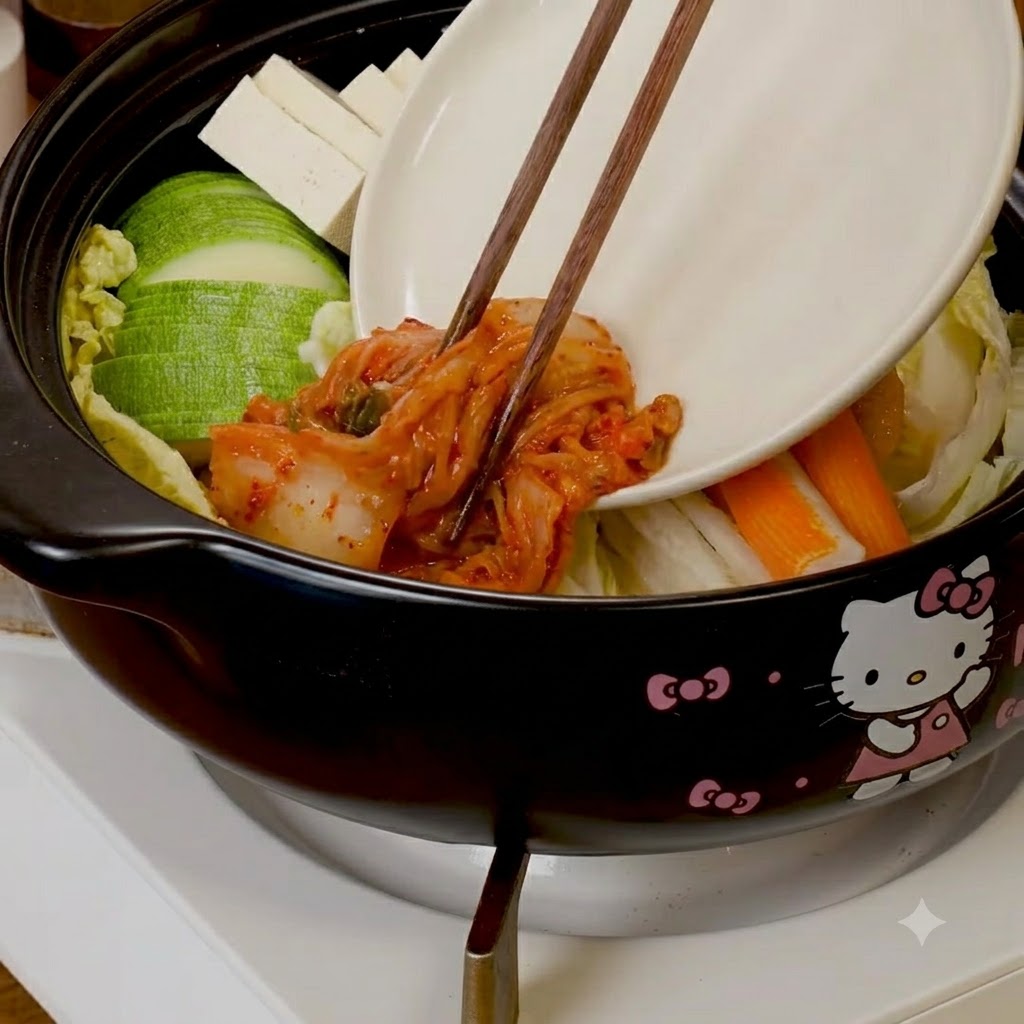 Kimchi y carne de res grasa en rodajas agregados a los ingredientes ya dispuestos dentro de la olla usando palillos.