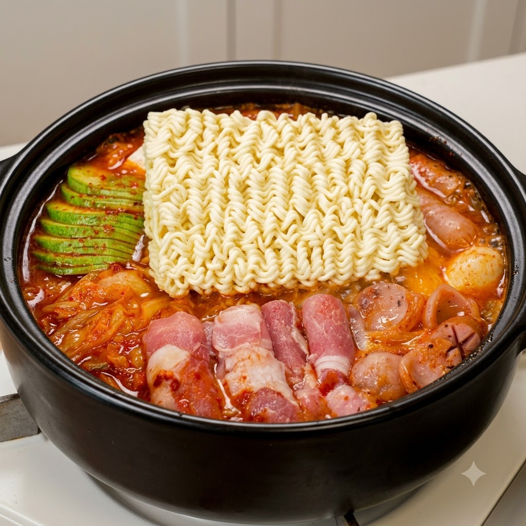 Un bloque de fideos instantáneos colocado en la olla hirviendo junto con verduras y carne en rodajas.