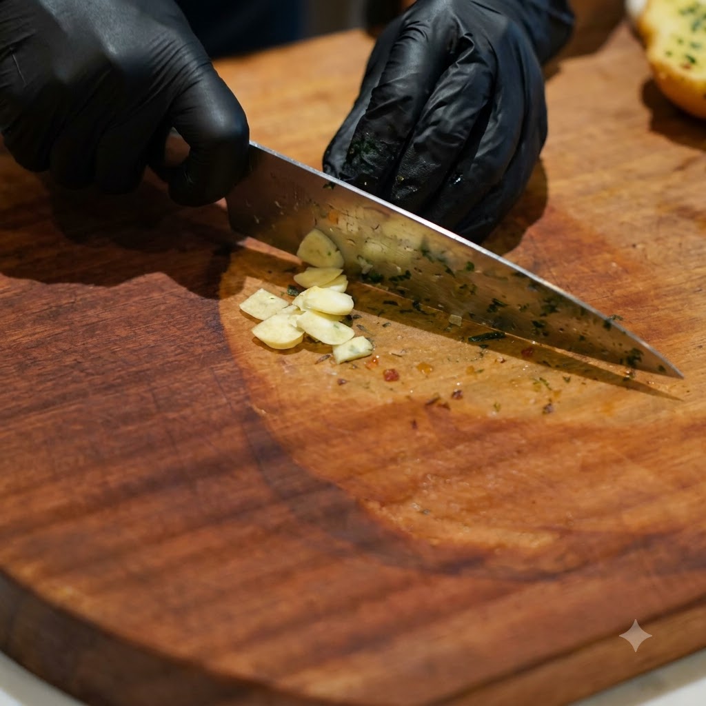Dientes de ajo siendo picados en trozos pequeños con un cuchillo de chef sobre una tabla de cortar.