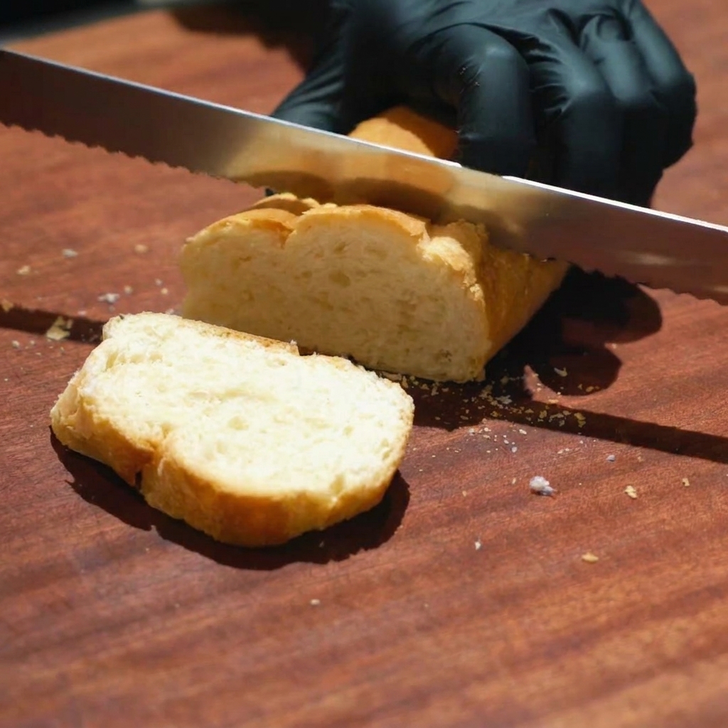 Una barra de baguette siendo cortada en rodajas gruesas usando un cuchillo de sierra para pan.