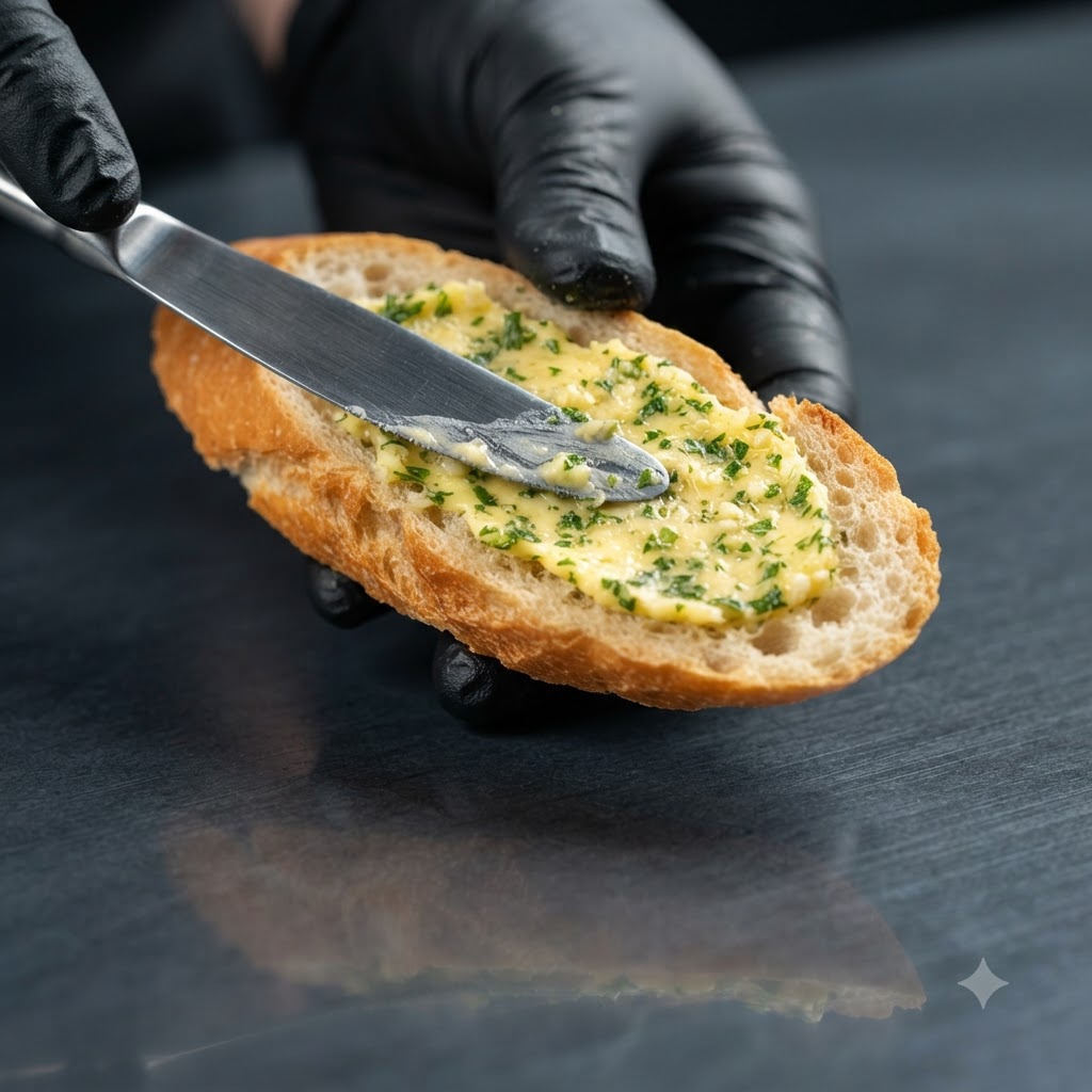 Un cuchillo para mantequilla untando una capa gruesa de mantequilla de ajo y perejil uniformemente en una sola rebanada de baguette sostenida en una mano enguantada.