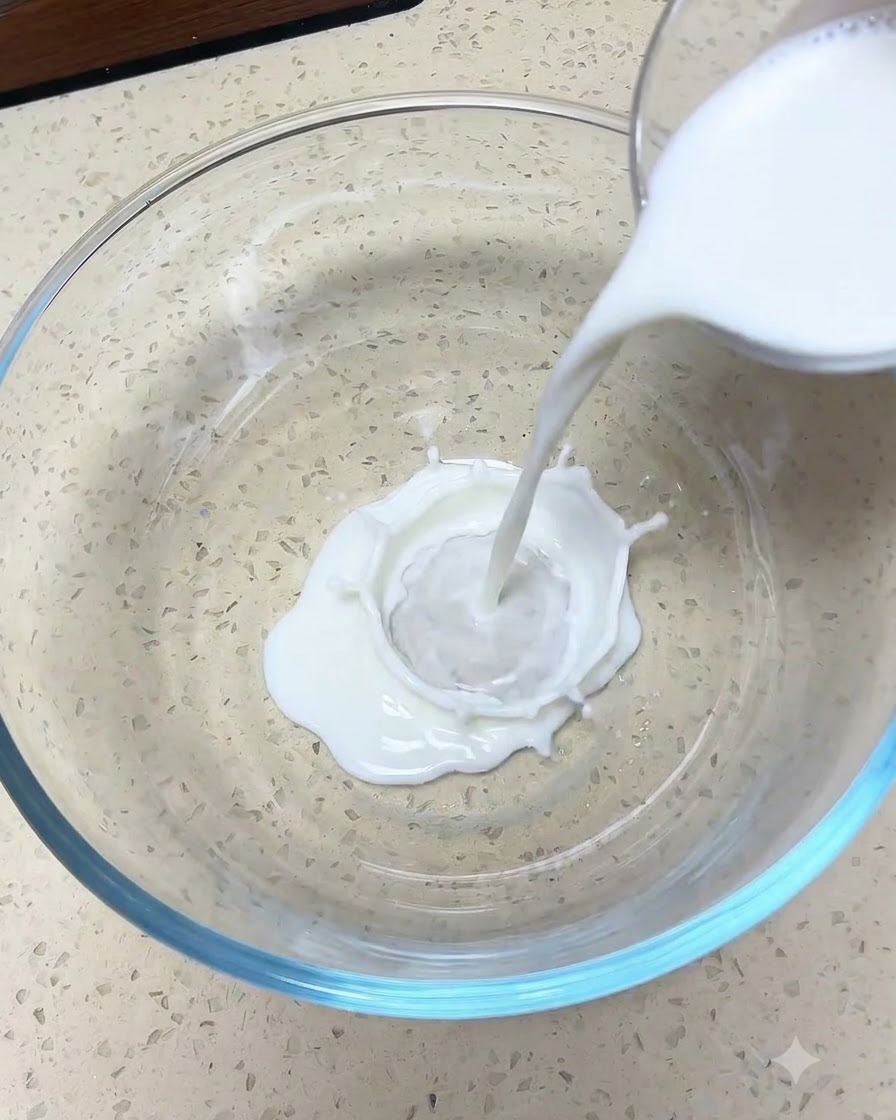 Leche, azúcar, sal y levadura combinándose en un tazón de vidrio para mezclar.