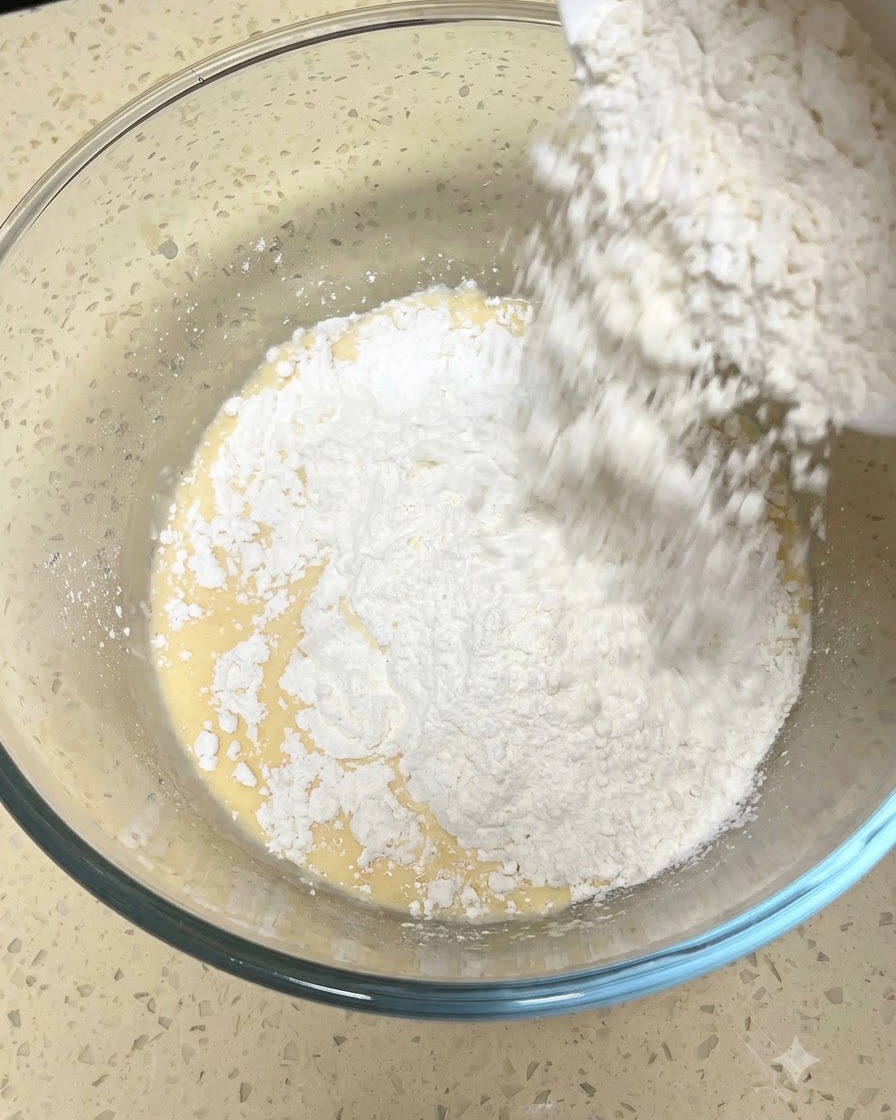 Harina rica en gluten siendo añadida a los ingredientes húmedos y revuelta.