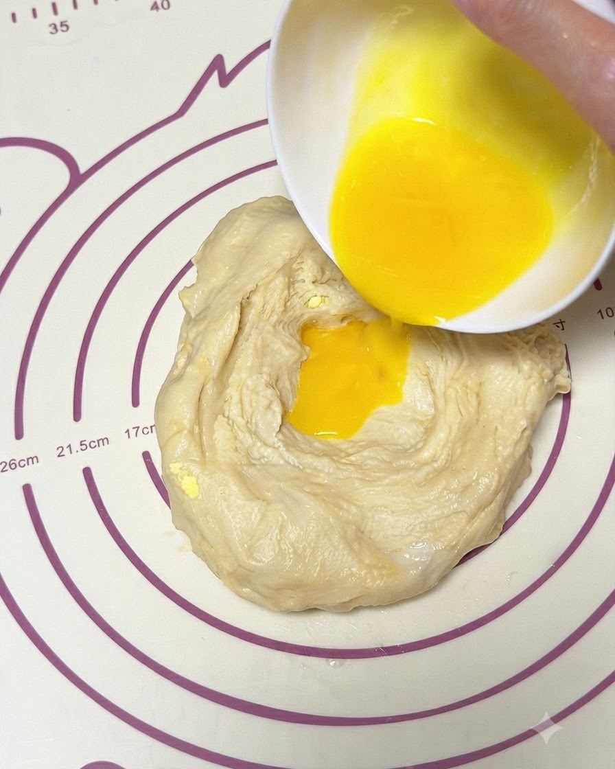 Mantequilla siendo vertida en un hueco dentro de la masa fermentada sobre una esterilla de silicona.