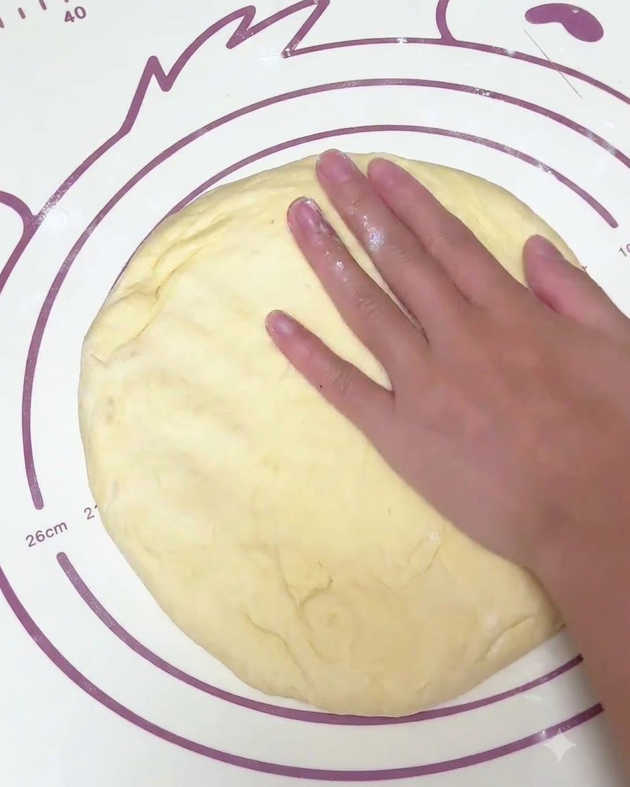 Una mano presionando una porción redonda de masa amarilla sobre una esterilla de silicona para liberar burbujas de aire.