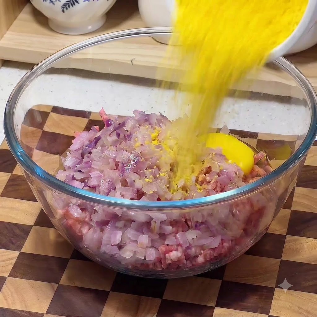Un bol de vidrio grande lleno de carne picada, cebollas picadas y un huevo mientras se vierte pan rallado amarillo.