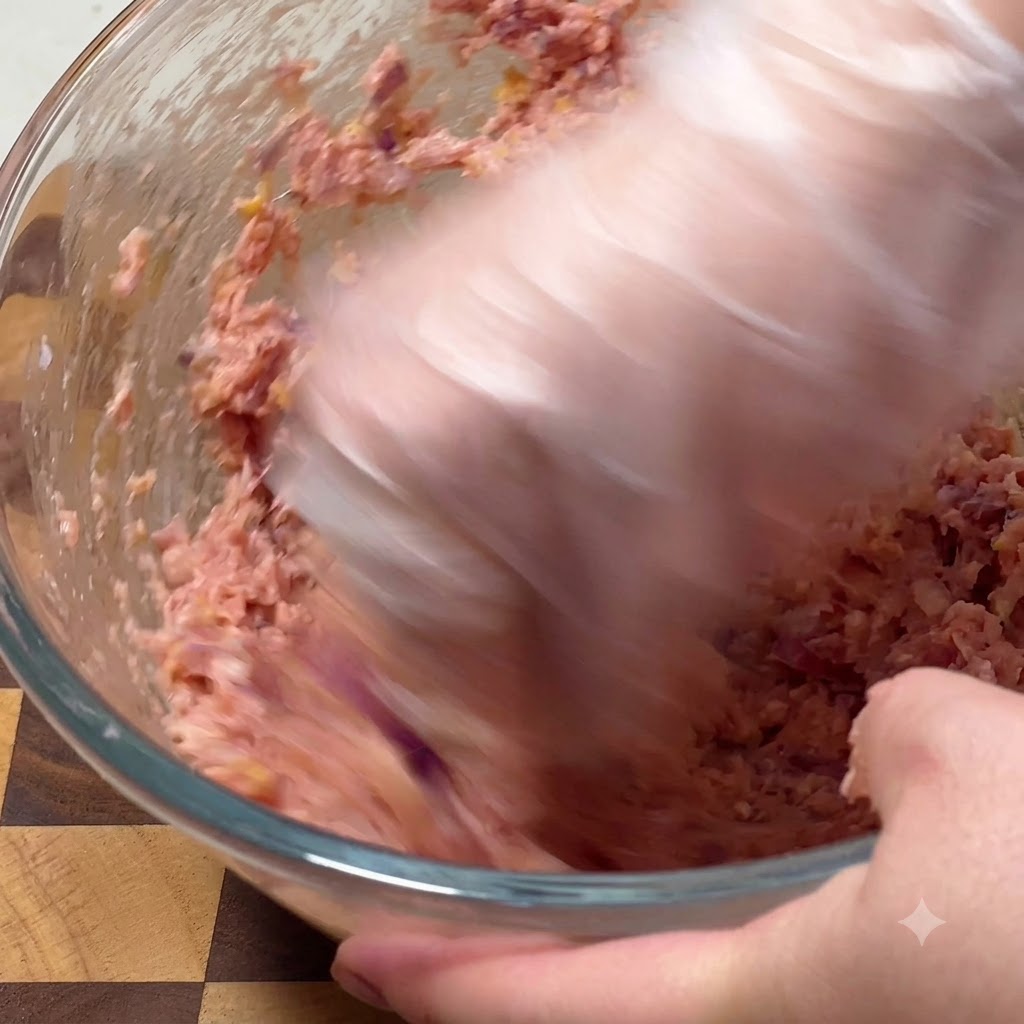 Una mano con guante mezclando y amasando activamente carne picada dentro de un bol de vidrio.