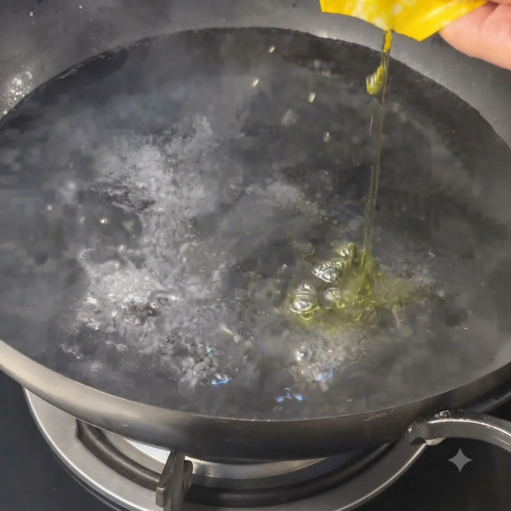 Aceite de oliva siendo vertido en una olla de agua hirviendo con burbujas en la estufa.