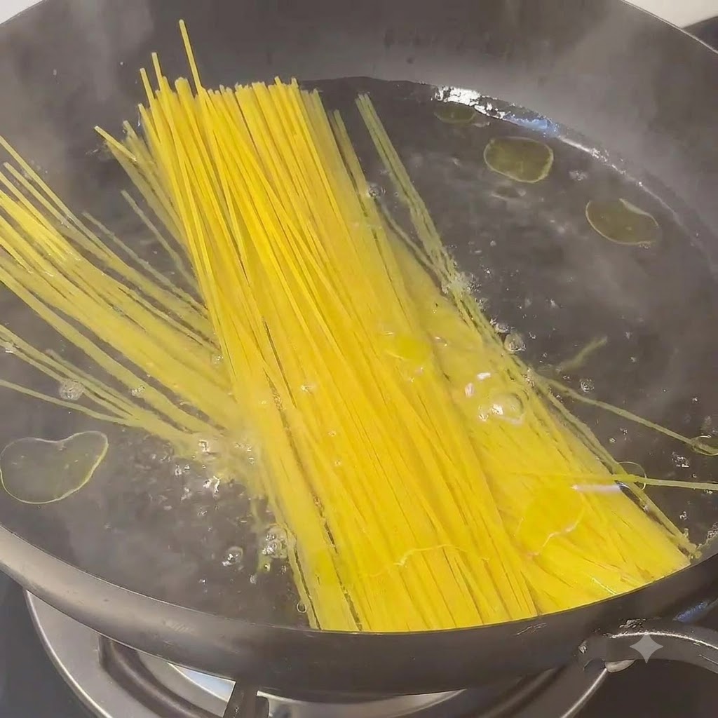 Un manojo de fideos de espagueti amarillos largos siendo arrojados a una olla de agua hirviendo.