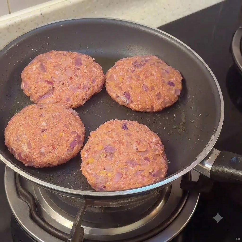 Cuatro hamburguesas crudas chisporroteando en una sartén en la estufa.