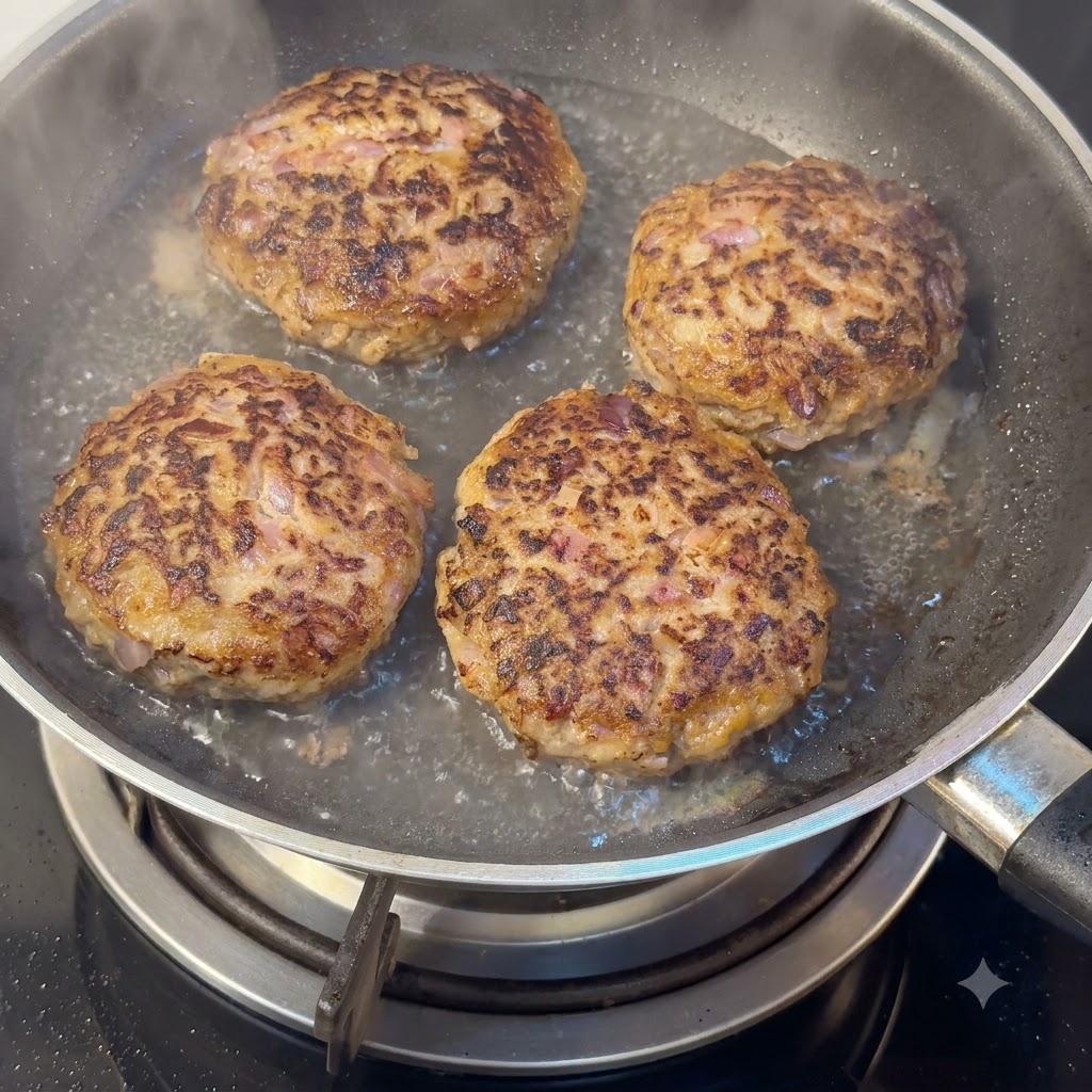 Cuatro hamburguesas dorándose cocinándose a fuego lento con agua en una sartén bajo vapor.