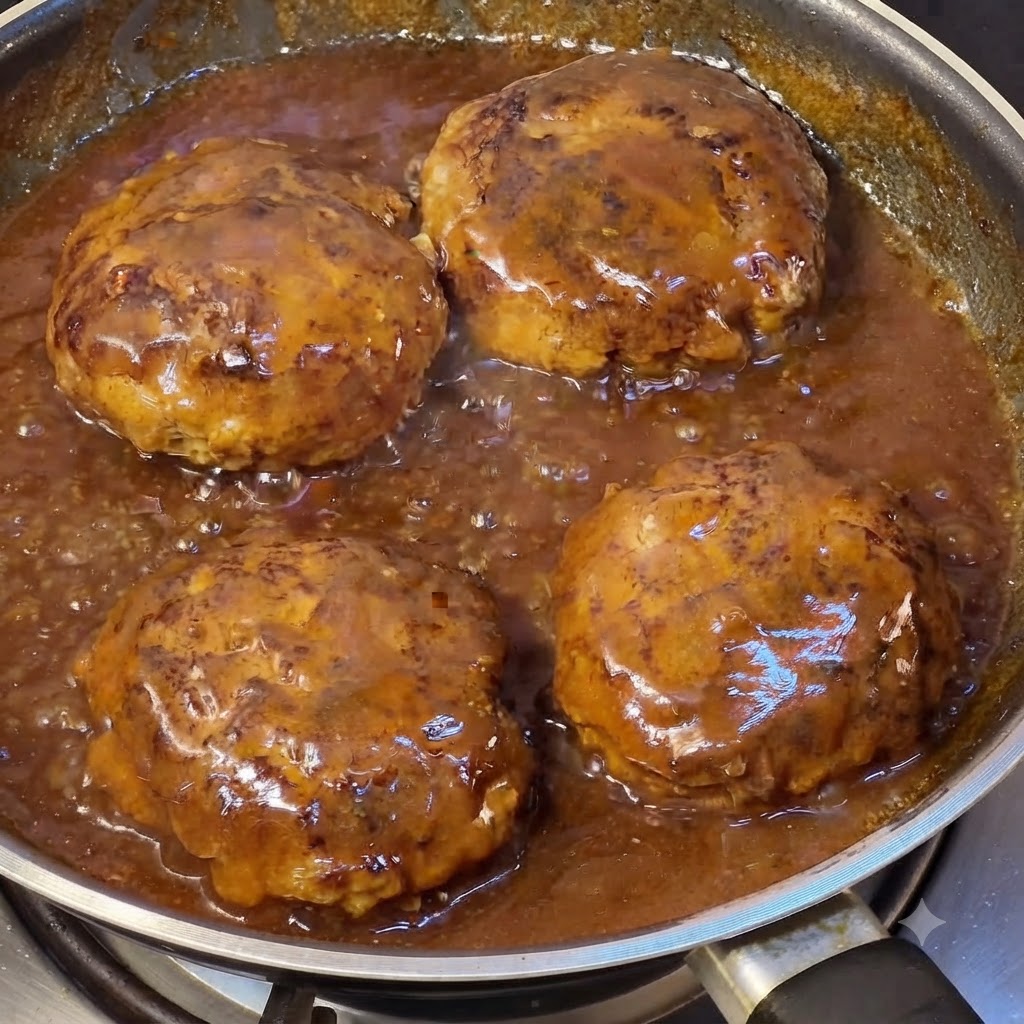 Hamburguesas cocinándose a fuego lento y siendo cubiertas con una rica salsa marrón dentro de la sartén.