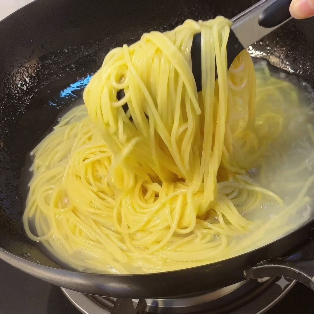 Hebras de espagueti cocido levantadas con pinzas desde una olla de agua hacia una sartén.