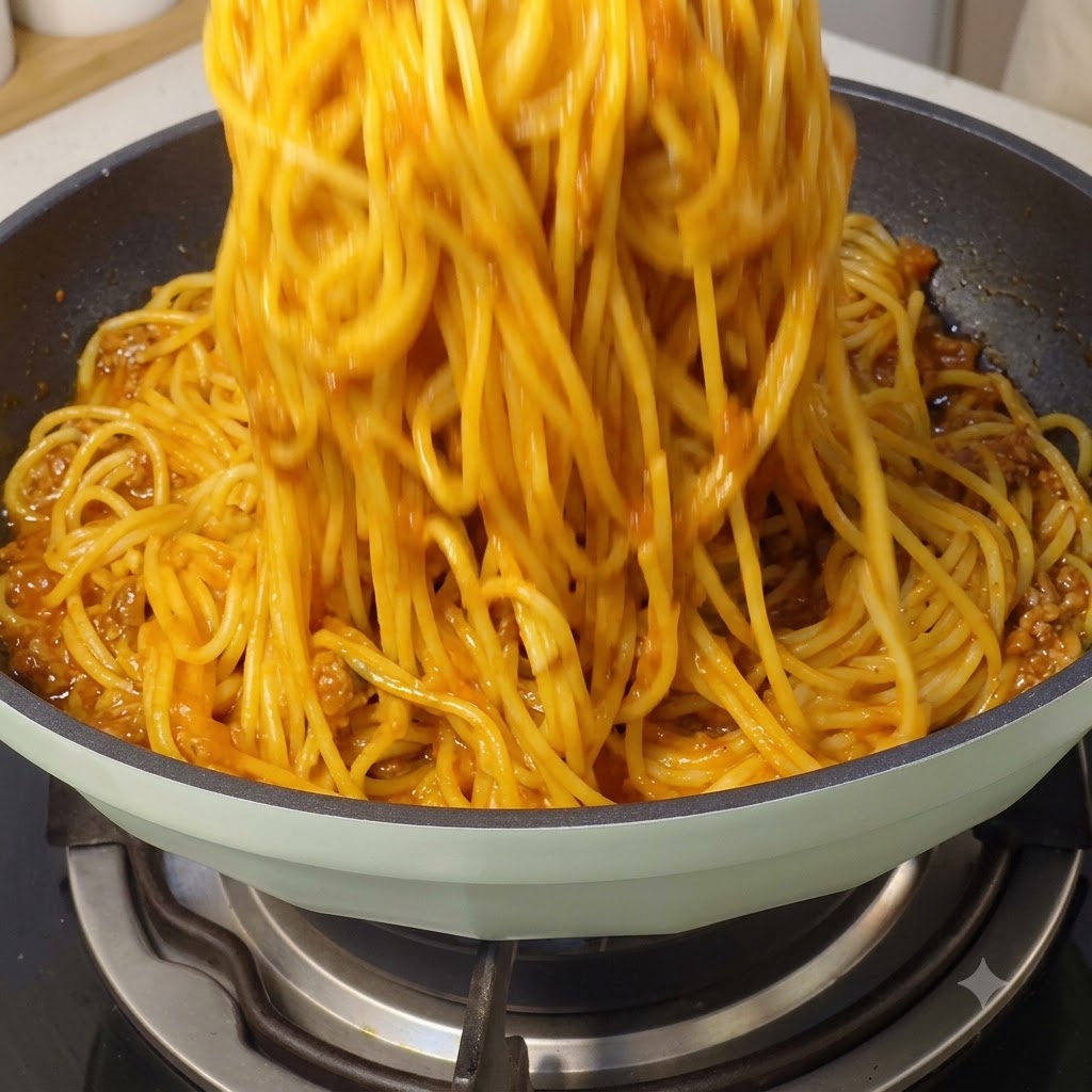Fideos de espagueti siendo mezclados y revueltos minuciosamente con la salsa en una sartén.