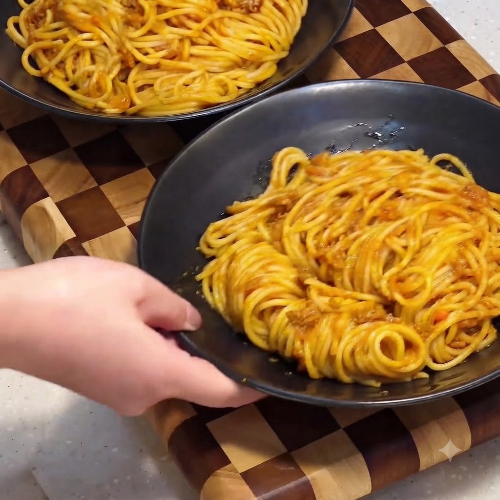 Una rodaja de queso amarillo siendo colocada directamente sobre un bol de pasta con salsa.