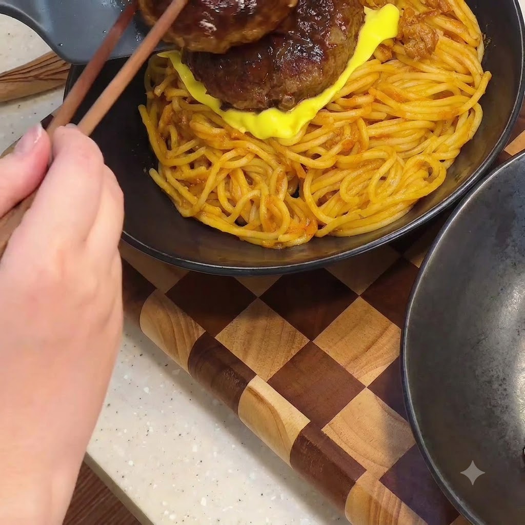 Hamburguesas dobles glaseadas siendo colocadas con palillos sobre la pasta cubierta de queso.