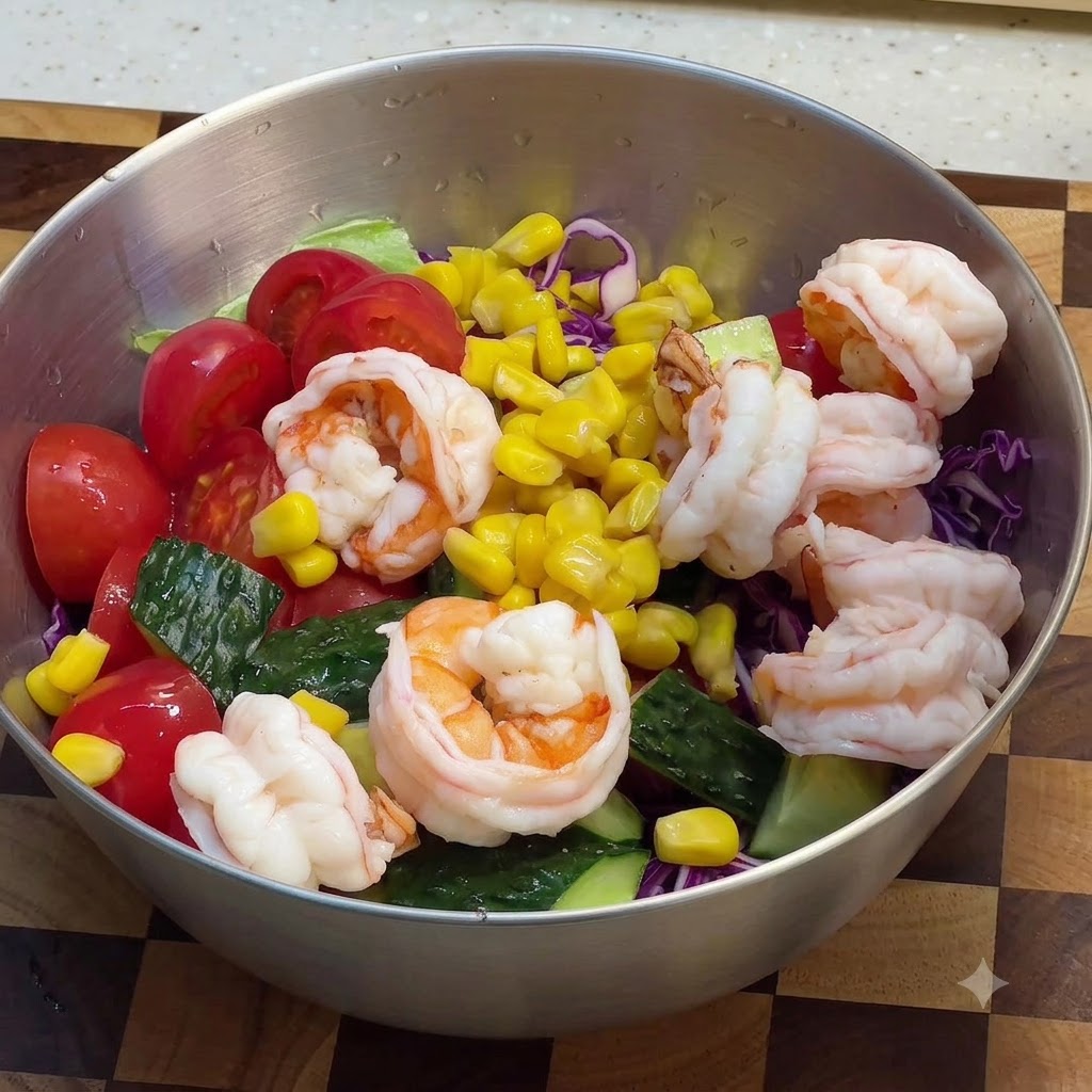 Aderezo para ensalada siendo vertido en un bol de acero inoxidable lleno de camarones frescos, maíz, tomates cherry y repollo morado.