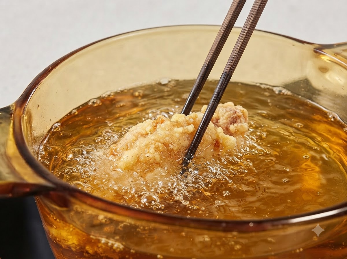 Piezas de pollo friéndose en aceite de cocina caliente dentro de una olla de vidrio ámbar.