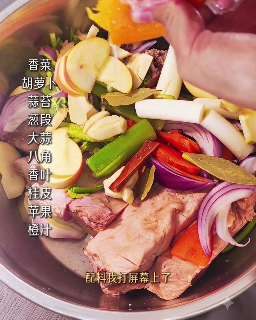Salsas y especias siendo añadidas a un bol lleno de costillas de cerdo y verduras mixtas.