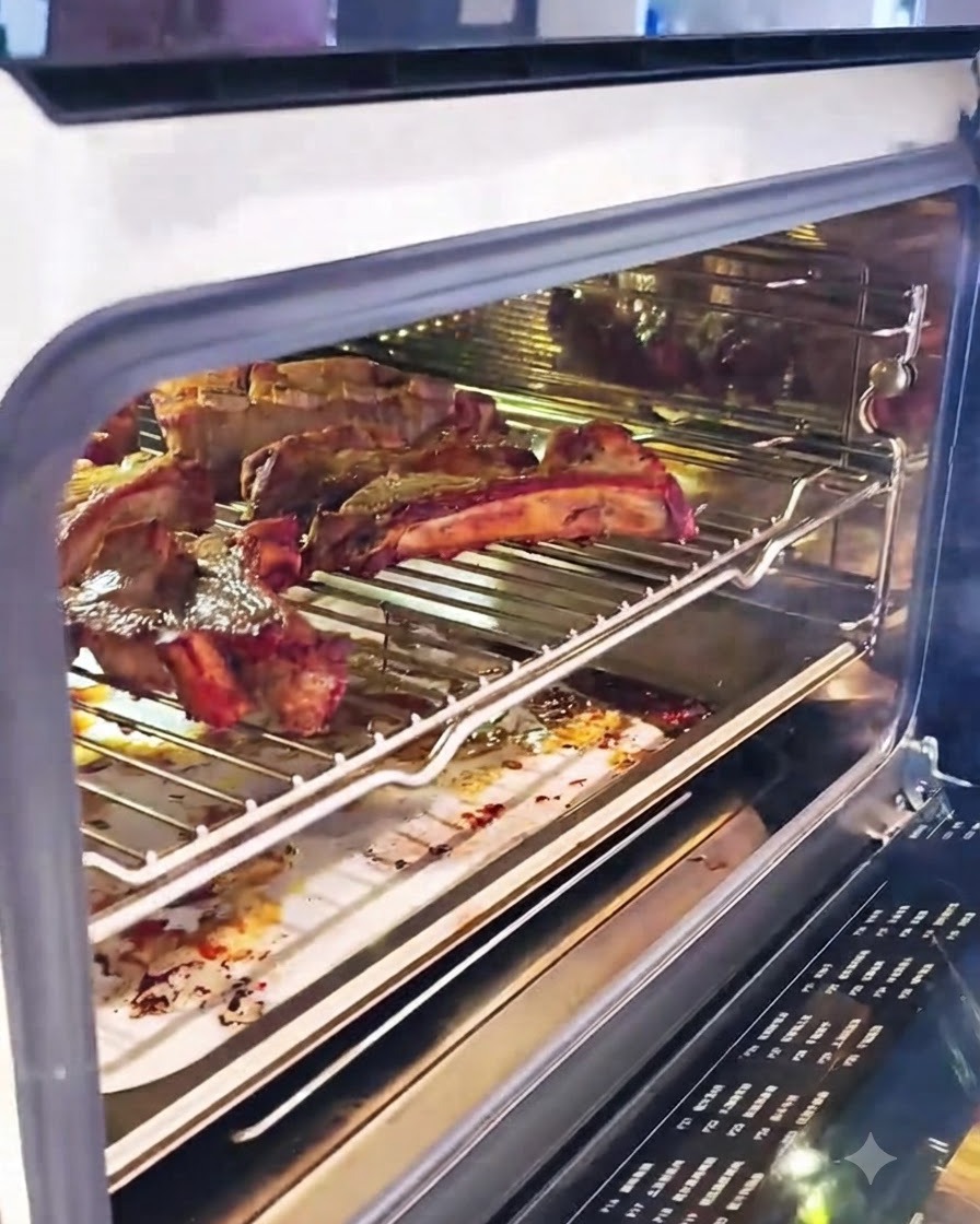 Costillas de cerdo en una rejilla dentro de un horno precalentado.