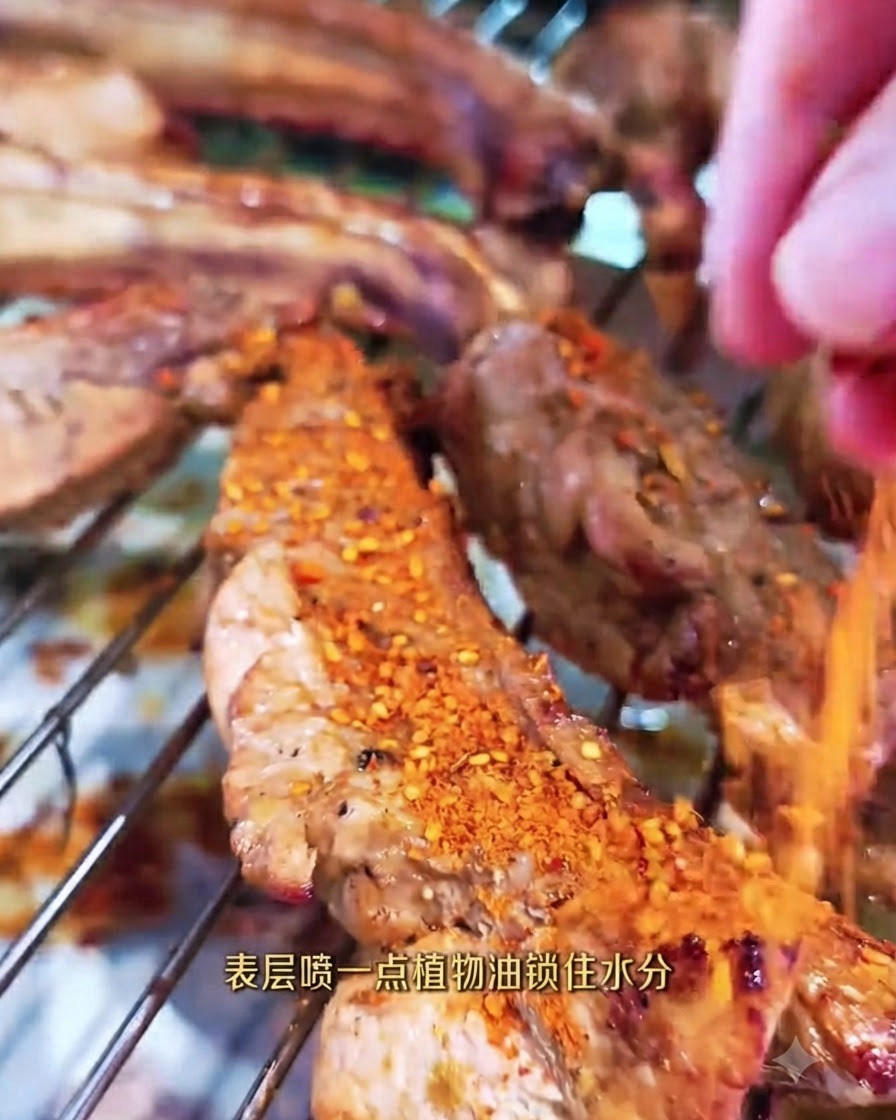 Primer plano de costillas de cerdo sazonadas dispuestas en una rejilla metálica de horno.
