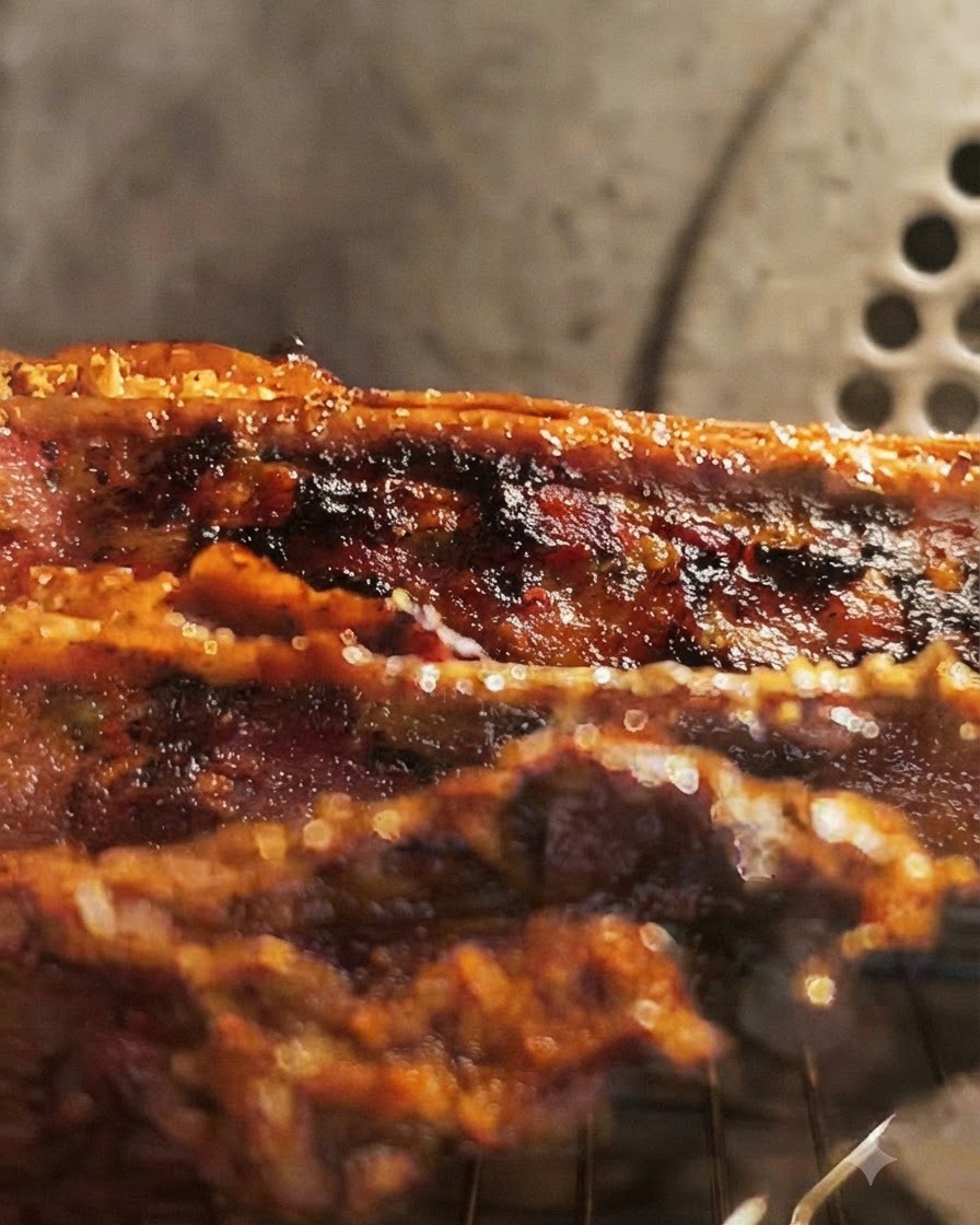Costillas de cerdo asadas siendo volteadas en la rejilla de horneado.