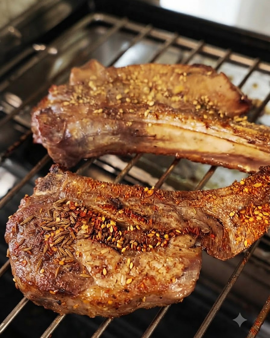 Costillas de cerdo en una rejilla espolvoreadas con especias de barbacoa y hojuelas de chile.