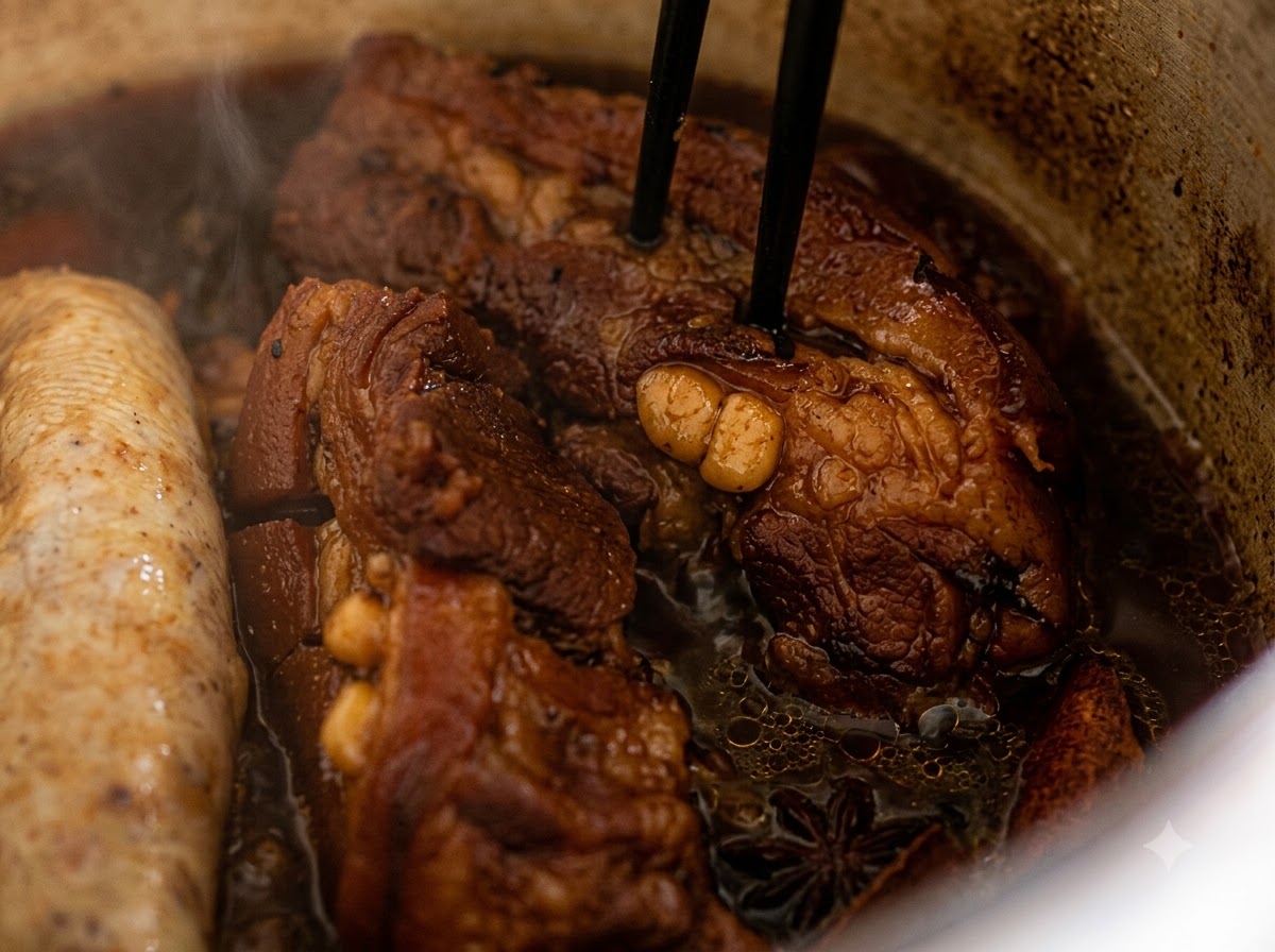 Palillos pinchando costillas de cerdo tiernas cocinándose a fuego lento en una olla.