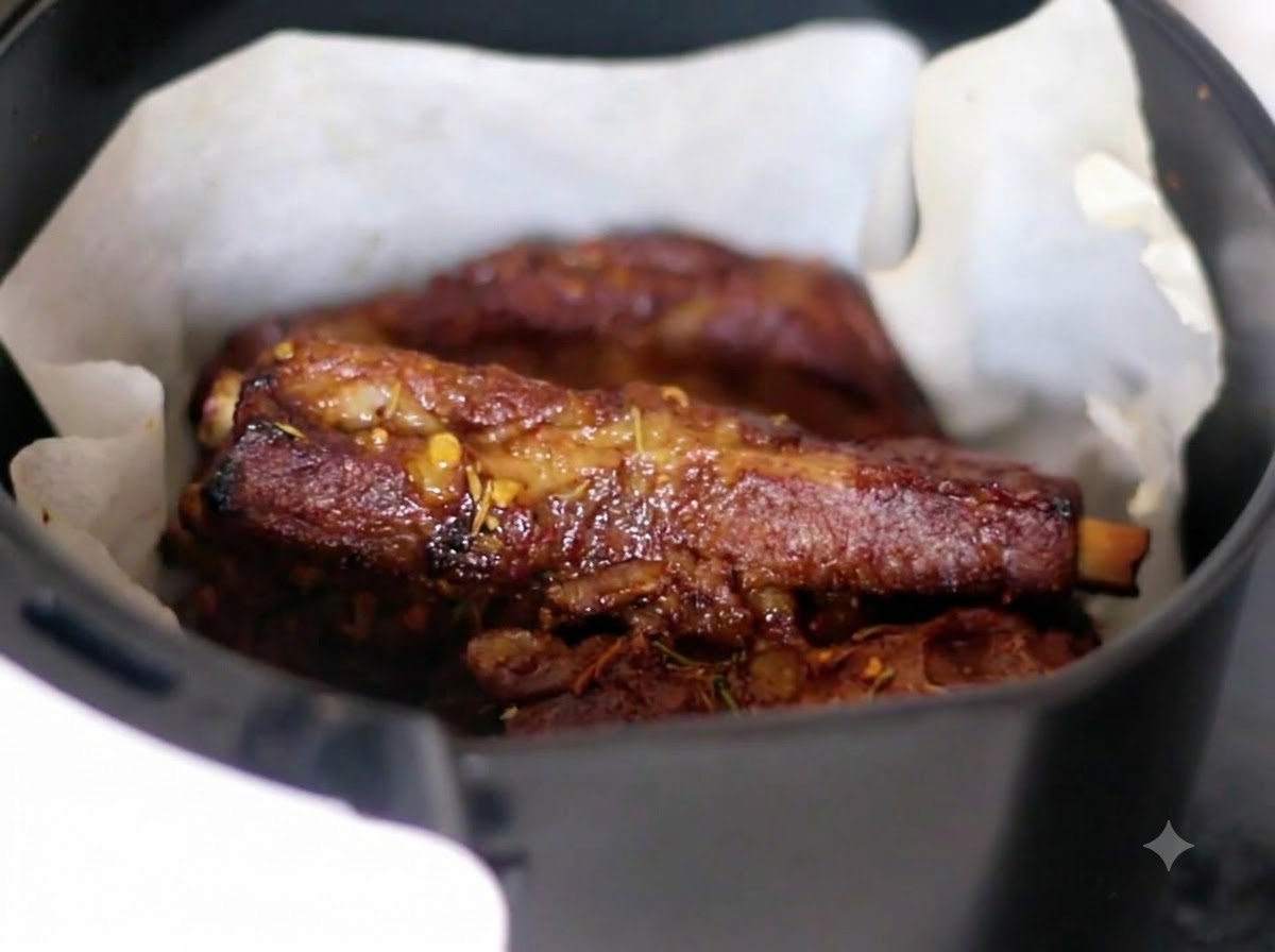 Costillas de cerdo dentro de la cesta de la freidora de aire siendo volteadas con palillos.
