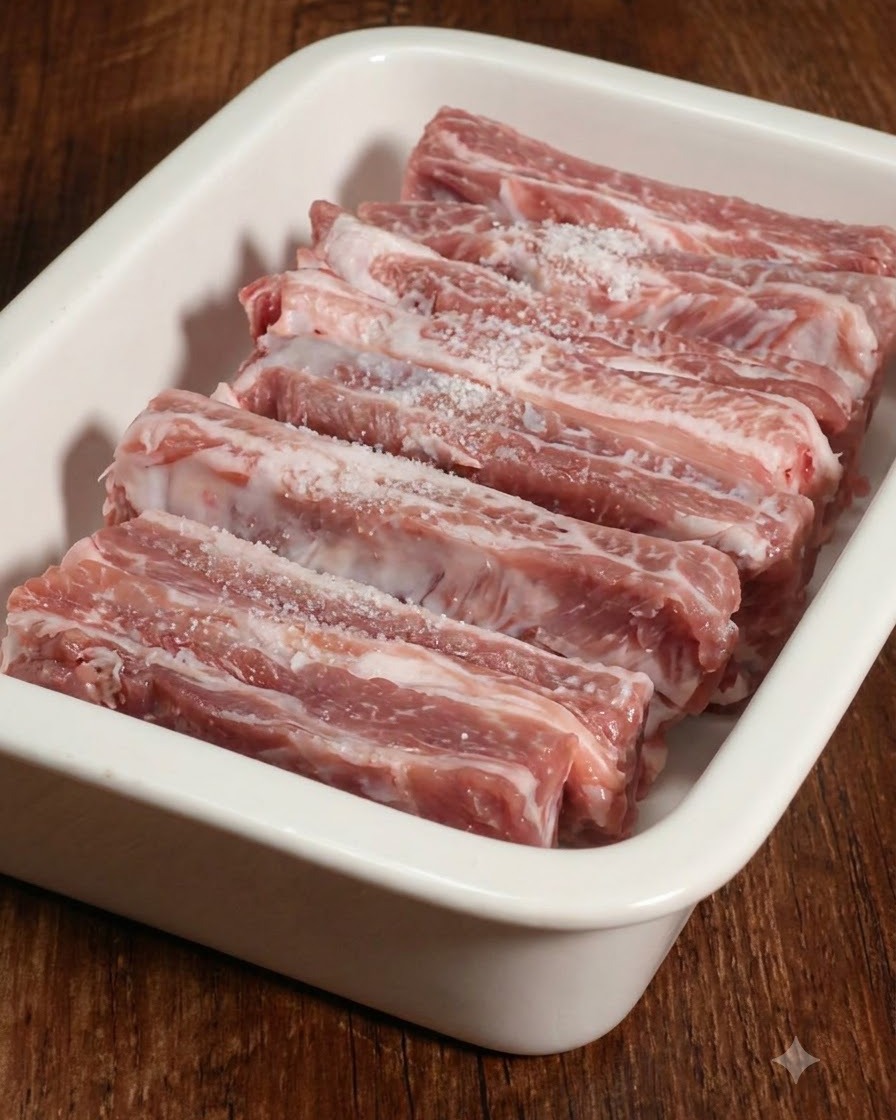 Costillas de cerdo frescas en un recipiente blanco sazonadas con sal y otros ingredientes antes de marinar.