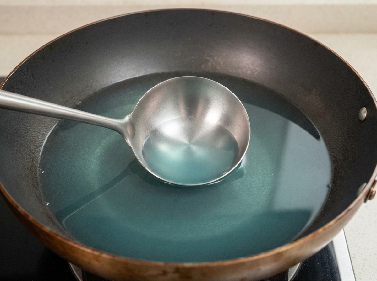 Caldo claro de almejas siendo vertido desde el wok hacia un tazón usando un cucharón.