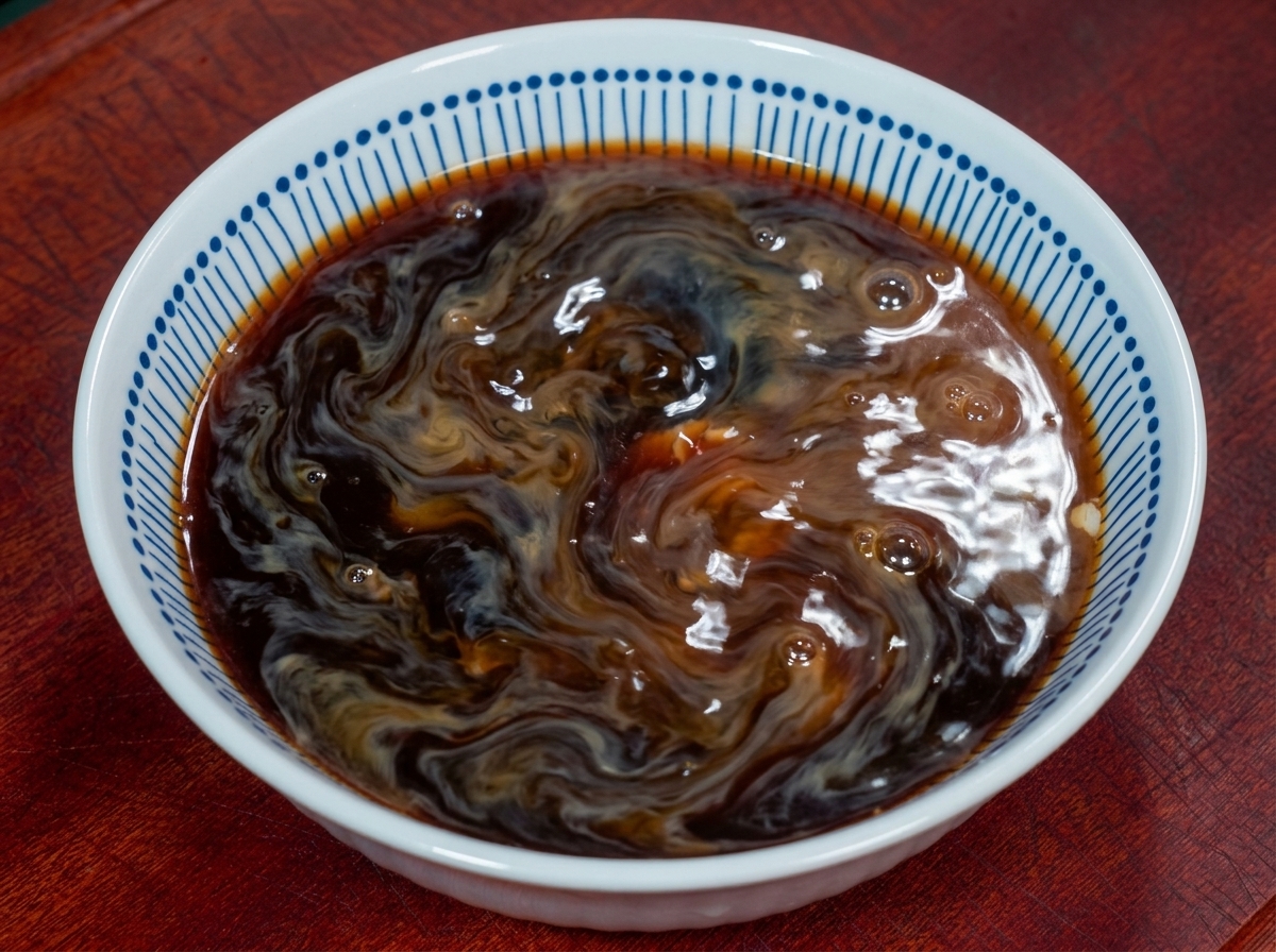 Un tazón lleno de una mezcla de salsa oscura que contiene salsa de soja, condimentos y caldo de almejas.