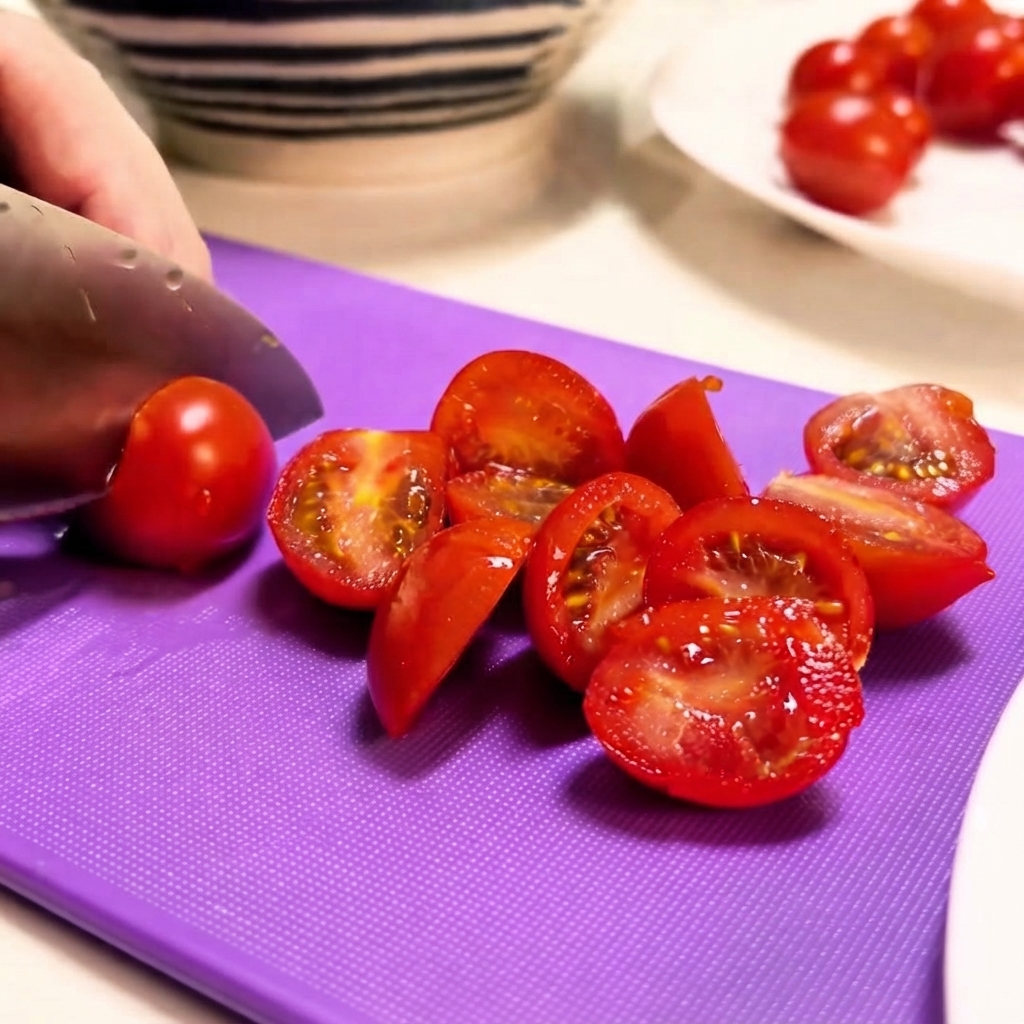 Tomates cherry cortados por la mitad en una tabla de cortar morada con un cuchillo