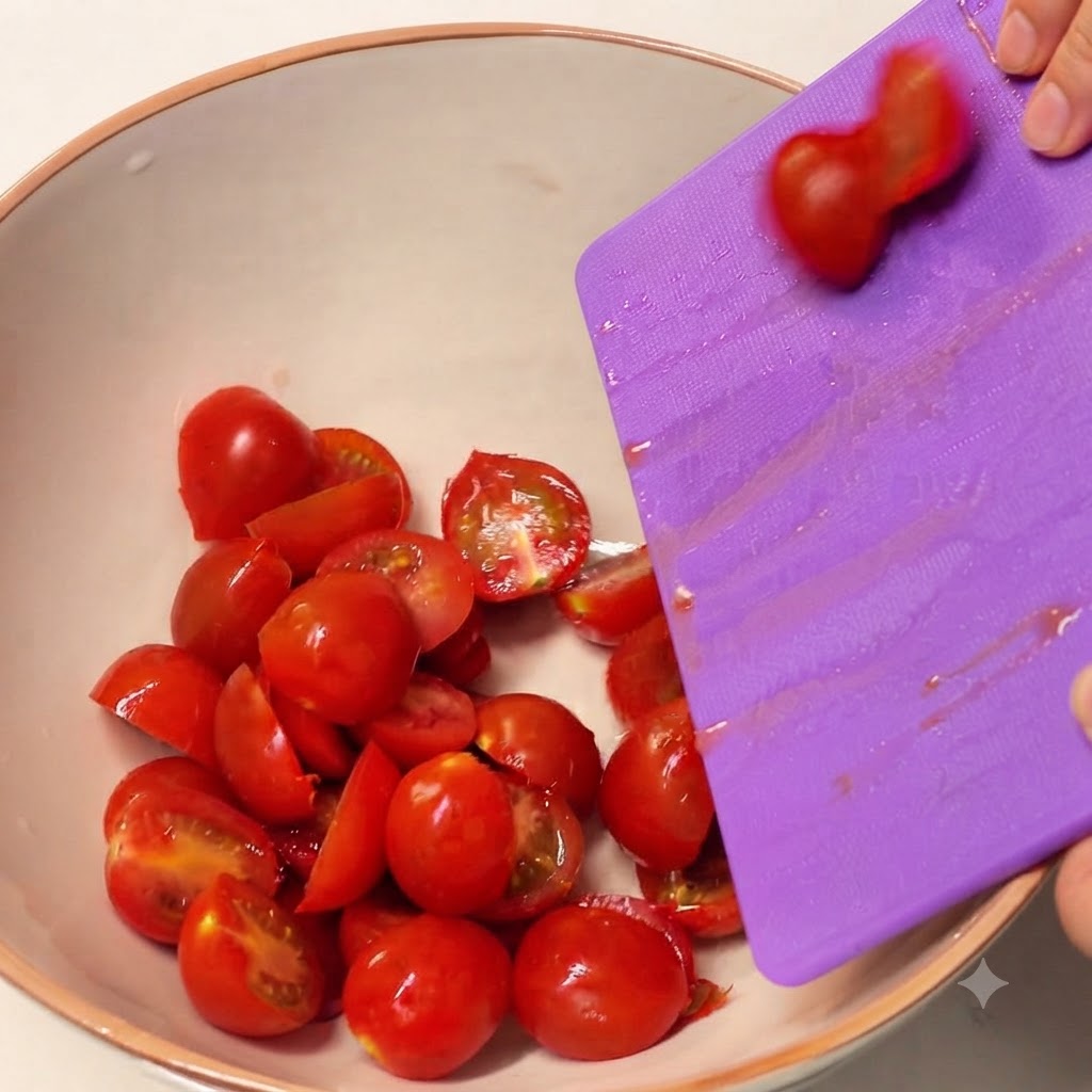 Tomates cherry partidos deslizándose desde una tabla de cortar morada hacia un bol de mezclas grande.
