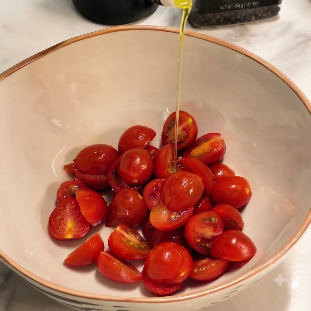 Un chorro constante de aceite de oliva vertiéndose desde una botella en un bol de tomates cherry.