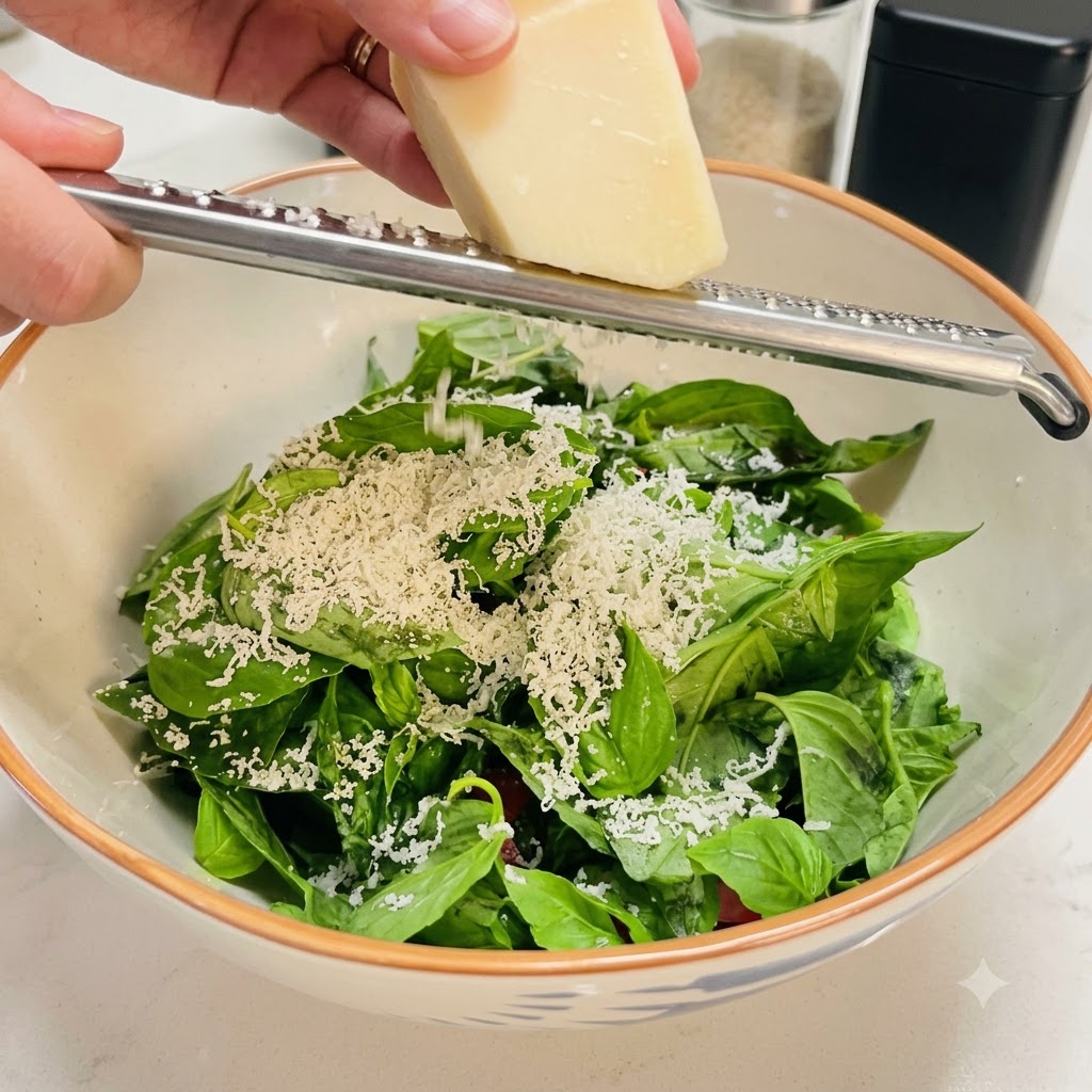 Queso parmesano siendo rallado con un rallador de metal directamente sobre la albahaca y los tomates.