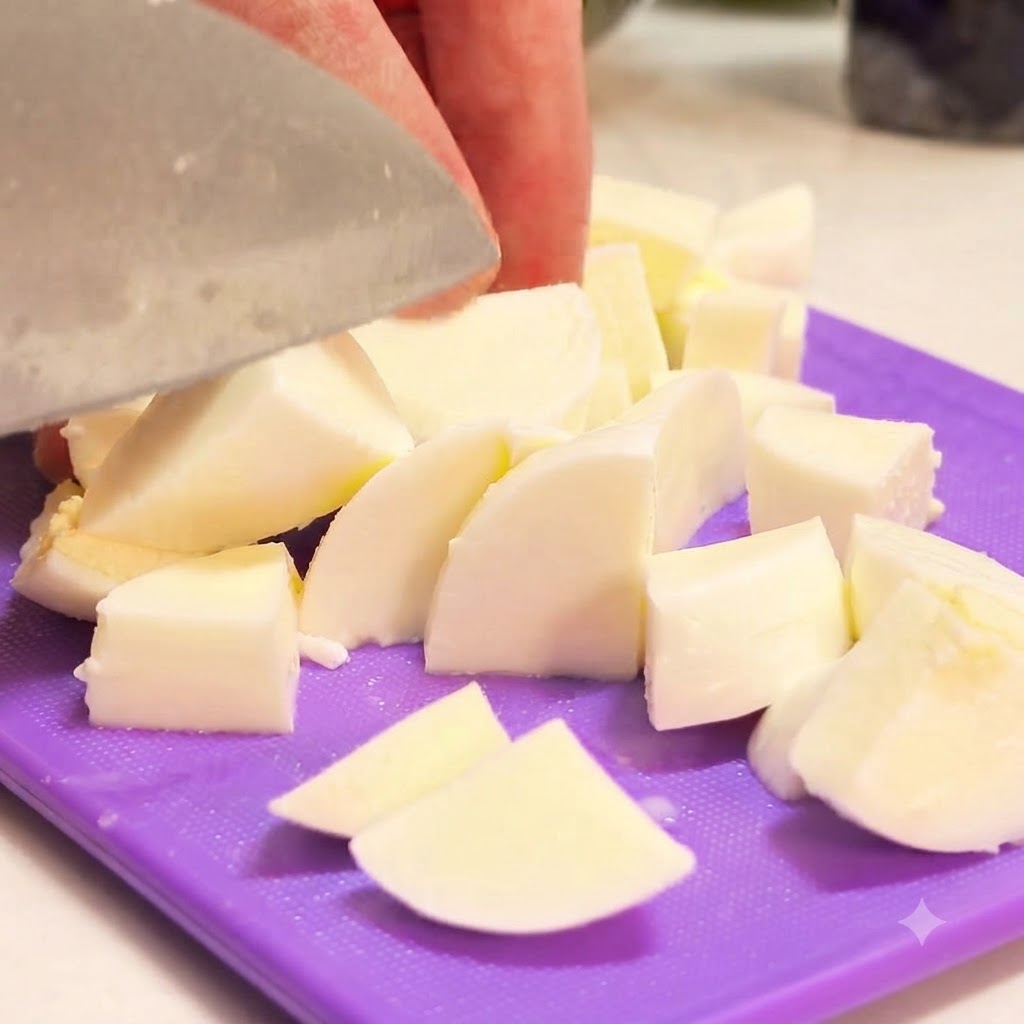 Un cuchillo afilado cortando un bloque de queso mozzarella blanco fresco en una tabla de cortar morada en pequeños trozos cuadrados.