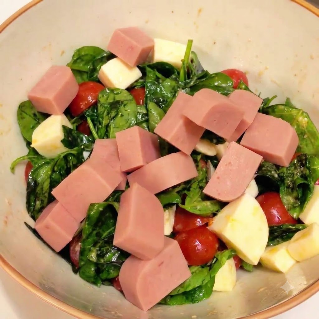 Tro等をitos de jamón rosado añadidos sobre la mezcla de tomate, albahaca y mozzarella dentro de un bol blanco grande.