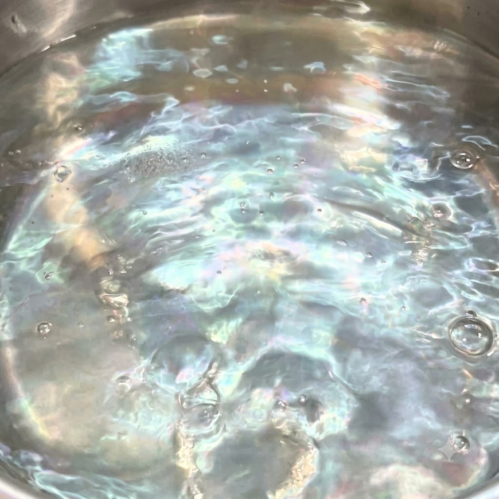 Agua hirviendo a borbotones en una olla de acero inoxidable en los fogones justo cuando se disuelve la sal en ella.