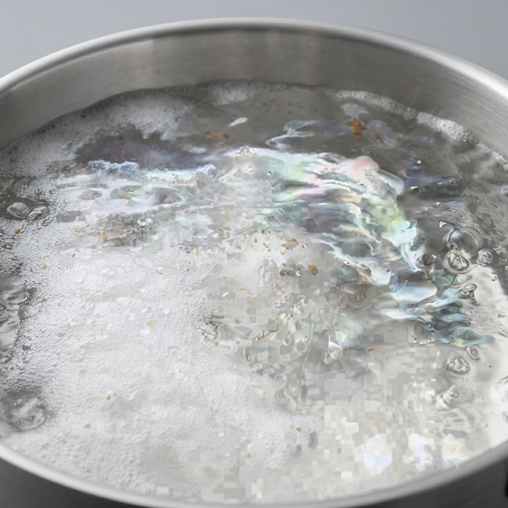 Agua hirviendo vigorosamente en una olla de acero inoxidable con burbujas y vapor ascendente.