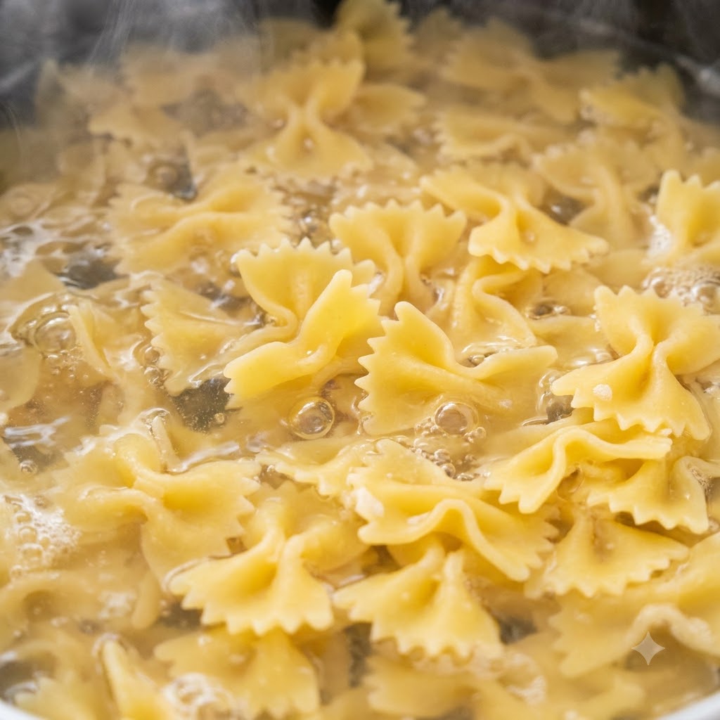 Pasta farfalle de lazo hirviendo dentro de una olla llena de agua.