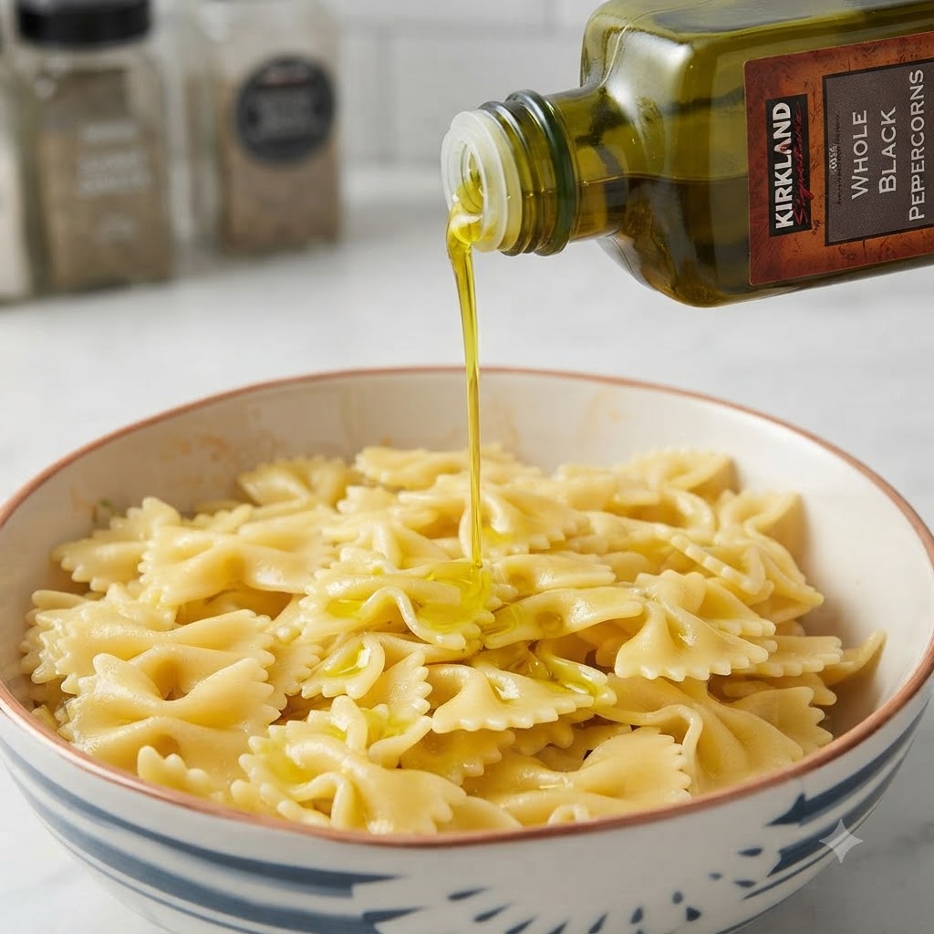Aceite de oliva vertiéndose desde una botella de vidrio sobre un bol de pasta farfalle.