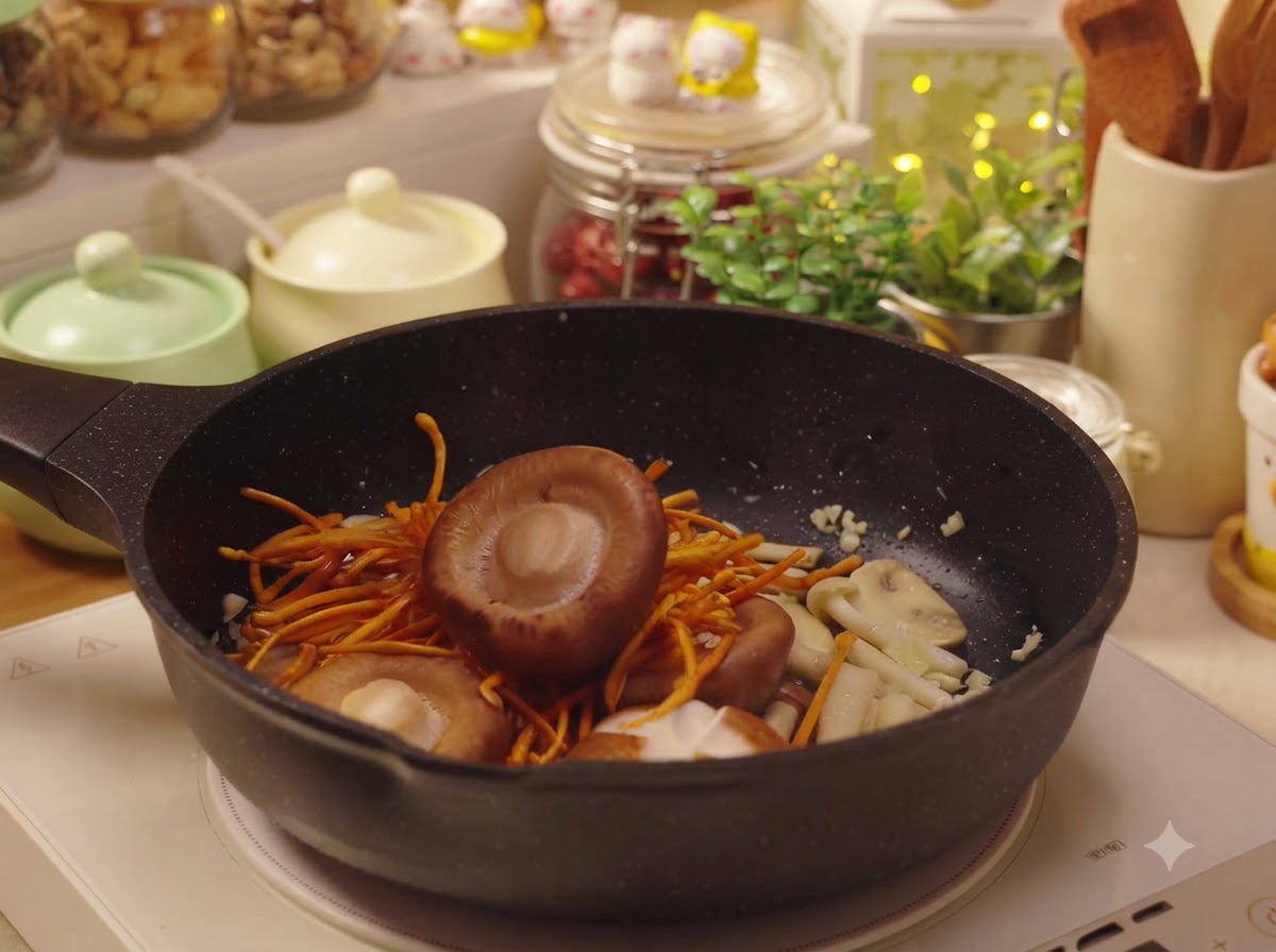 Hongos shiitake y flores de cordyceps añadidos a la sartén junto con los demás ingredientes.